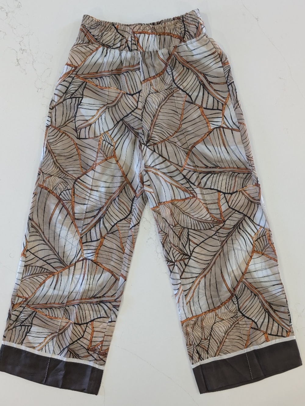 Brunello Cucinelli $3500 Silk Wide Leg Pants Leaf Print Beige Orange Size 2 NWT